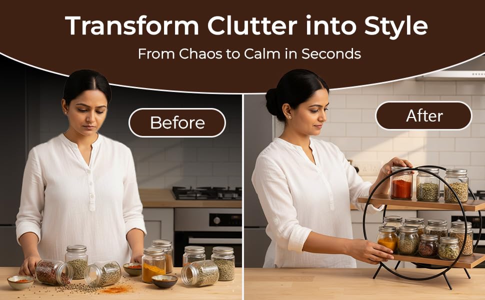 Image of Kitchen Organizer Rack - Wooden Kitchen Shelf, Rack for Kitchen Storage, Circular Countertop Spice Organizer, Mango Wood & Iron, Space Saving (40.5 x 16.5 x 37 cm)
