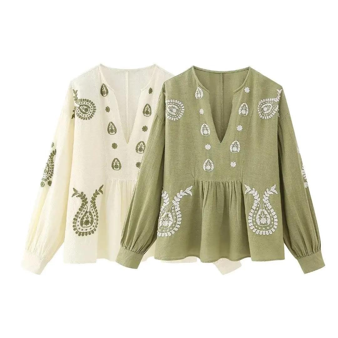 Camicia estiva da donna con scollo a V, maniche a lanterna, ampia, con fiori ricamati, in cotone
