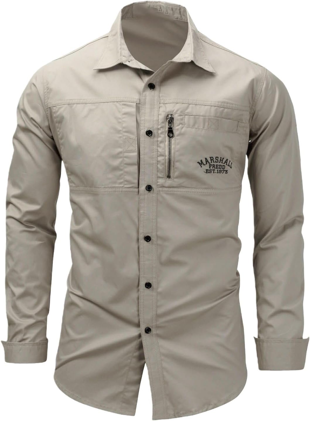 Men’s European-Style Cotton Zip-Front Military Outdoor Casual Long-Sleeve Shirt