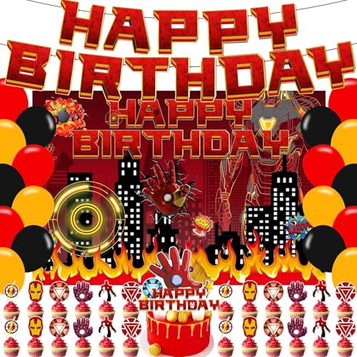 Iron Hero Man Birthday Party Supplies Super Hero Party Decorations Include Backdrop Banner Cake Topper Party Ballons for Cartoon Super Heros Party (Dark red)