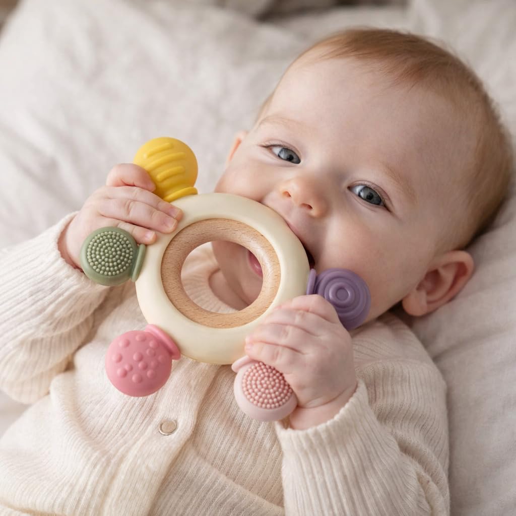 Silicone Baby Teething Ring, Multi-Coloured Textured Sensory Toy with 6 Soothing Elements Baby Teether 6-12 Months Soft