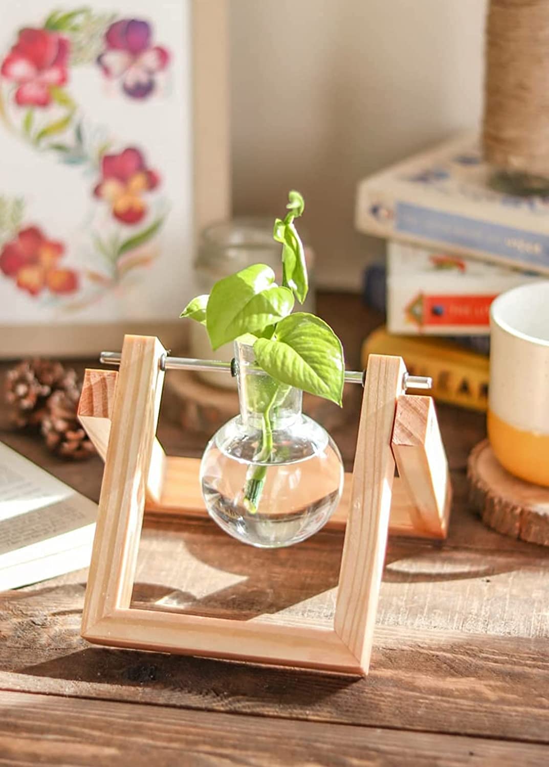 Table Top Beautiful Glass vase with Wooden Stand for Fresh Flowers and Indoor Plants| Double Flask Planter(Flower Pot) for Home/Office Desk (Style - 3)