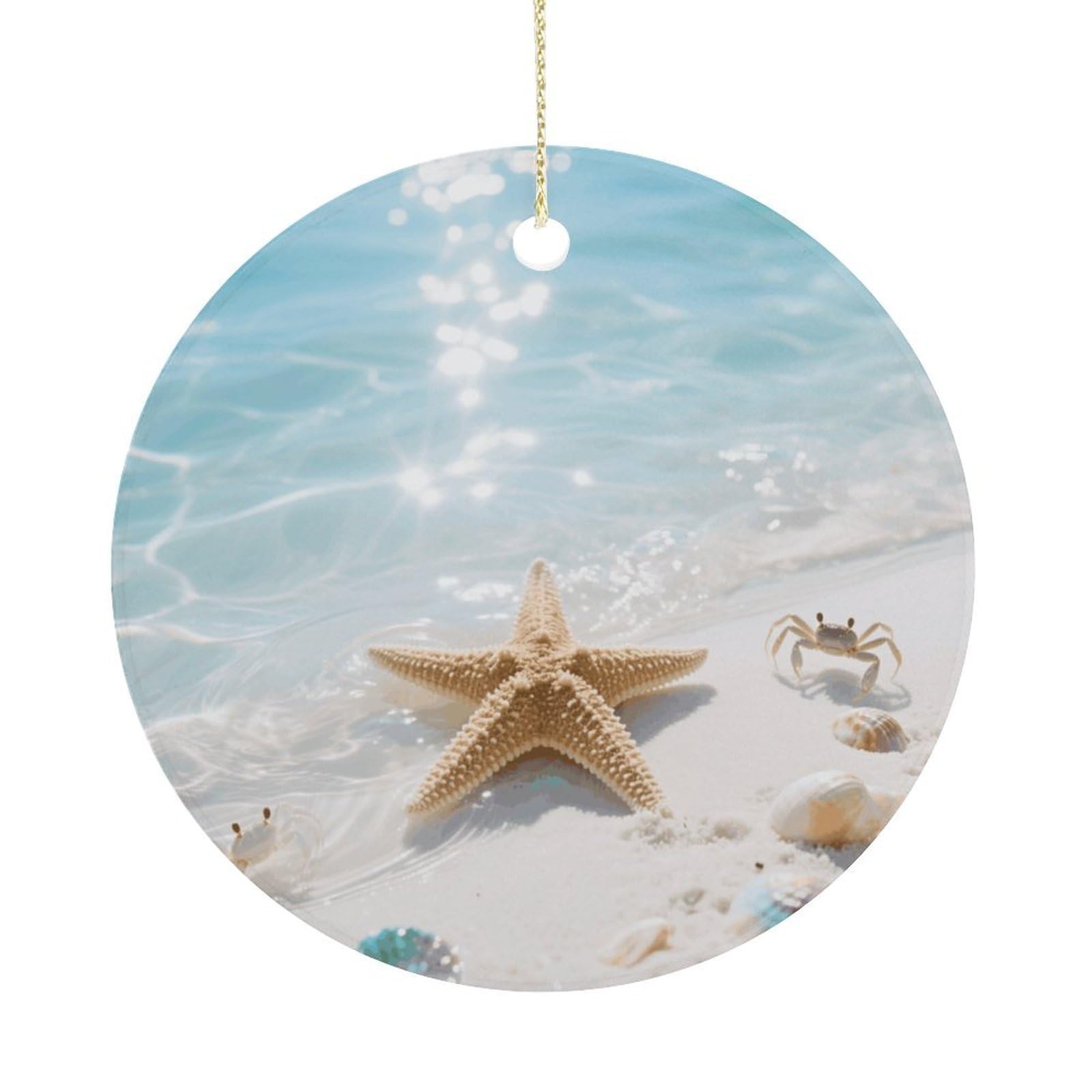 Personalized Christmas Ornaments 2025 Ceramic Hanging Starfish Blue Ocean Ornaments with Gold String Double-Sided Vintage Holiday Decorations for Tree Mantel Tabletop Xmas Party Favors