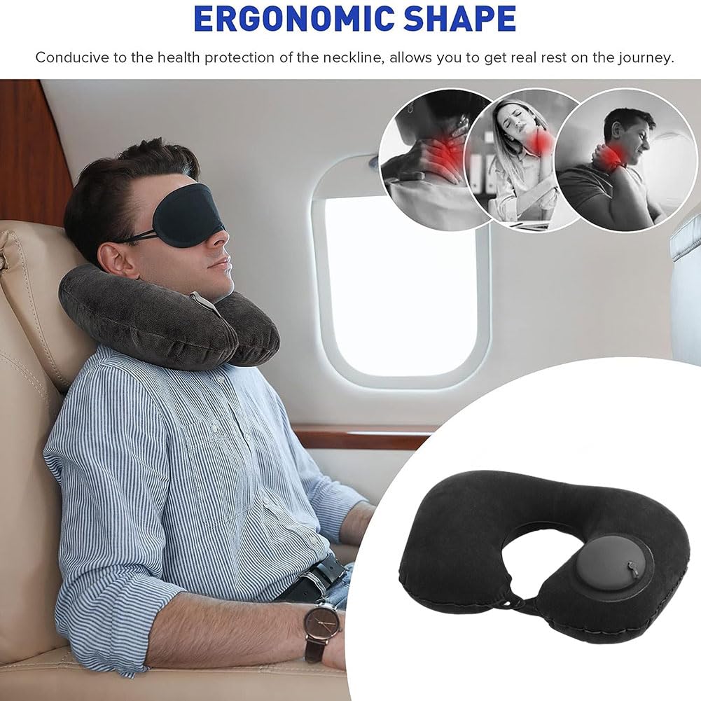 Cuscino Da Viaggio Gonfiabile A Forma Di U Nero - Con Maschera E Tappi - Per Aereo, Auto E Treno - Foto 9