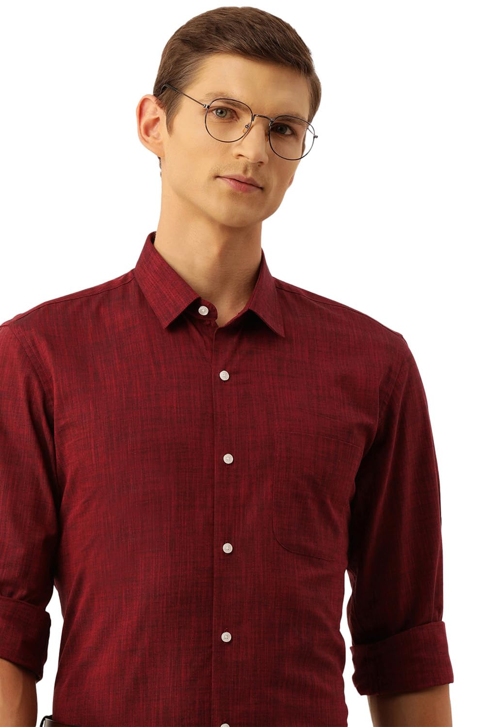 Peter England Camisa formal de manga completa para hombre, corte entallado, texturizada, color duo-tono, 100% algodón