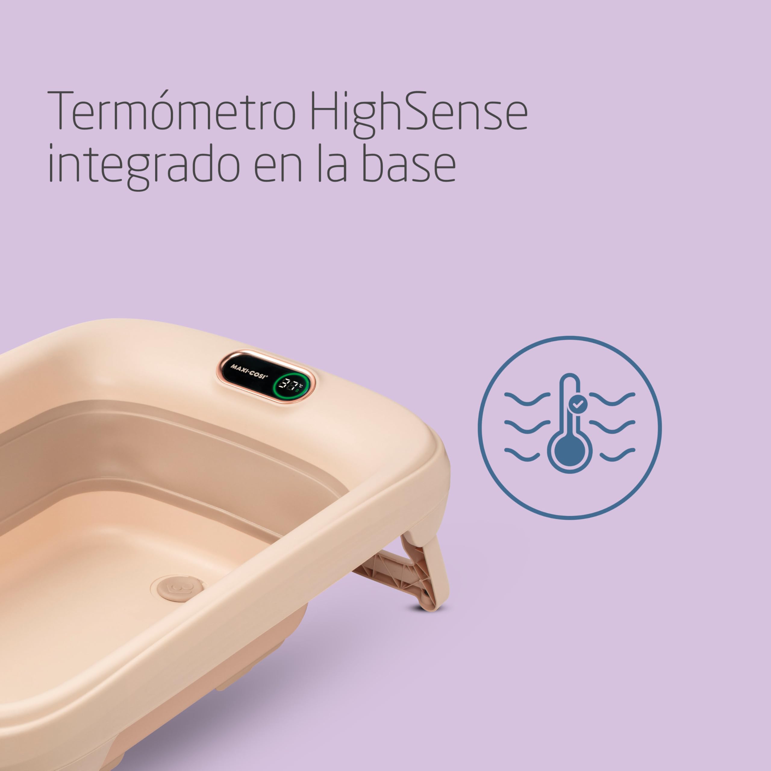 Maxi-Cosi Indigo Bañera Bebé Plegable, 0-4 Años, Bañera Niño Pequeño Espaciosa, Termómetro HighSense Integrado, Antideslizante, Gancho para Colgar Retráctil, Plegado Plano, Muted Terra