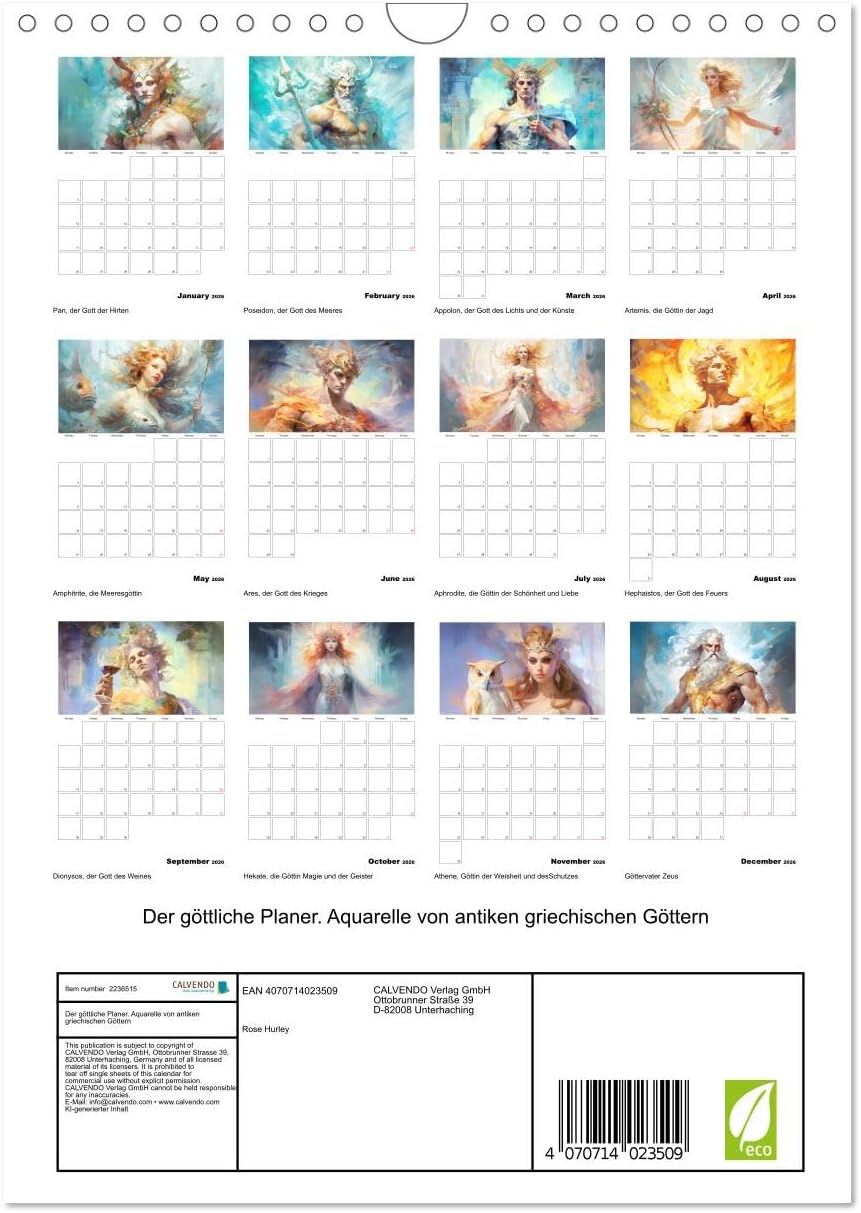 The divine planner. Watercolors of ancient Greek gods, US-Version (Wall Calendar 2026 DIN A4 Portrait), CALVENDO 12 Month Wall Calendar