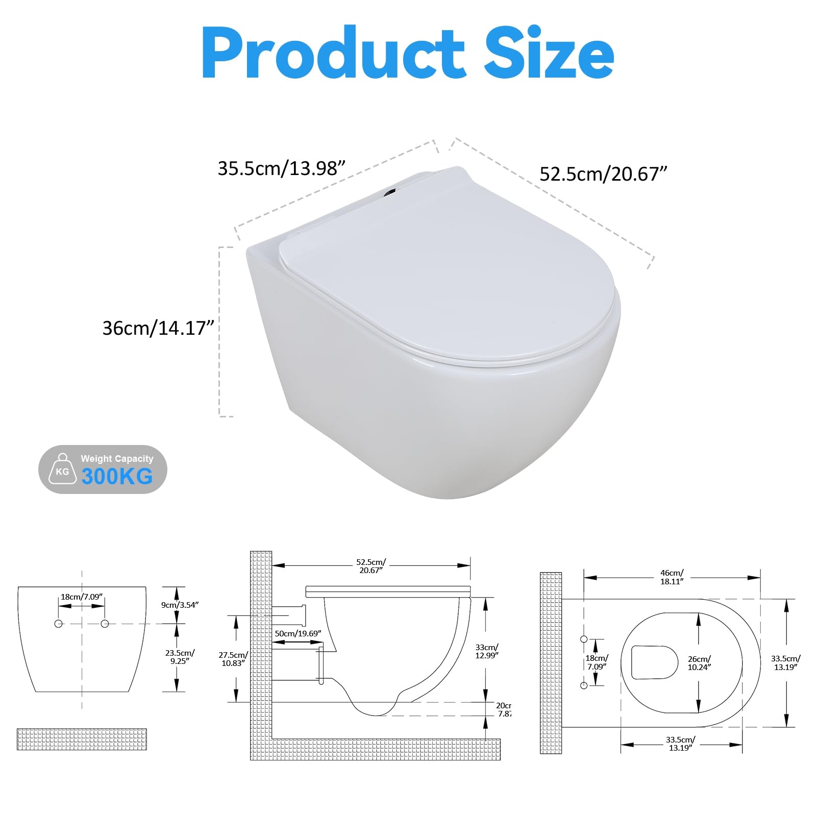 Cuvette WC Suspendu Courte (49cm) avec Fonction Bidet, Toilette Suspendu Blancs en Céramique, Cuvette Toilette avec Abattant WC avecs Frein de Chutes Déclipsable & Revêtement Nanos Effet L