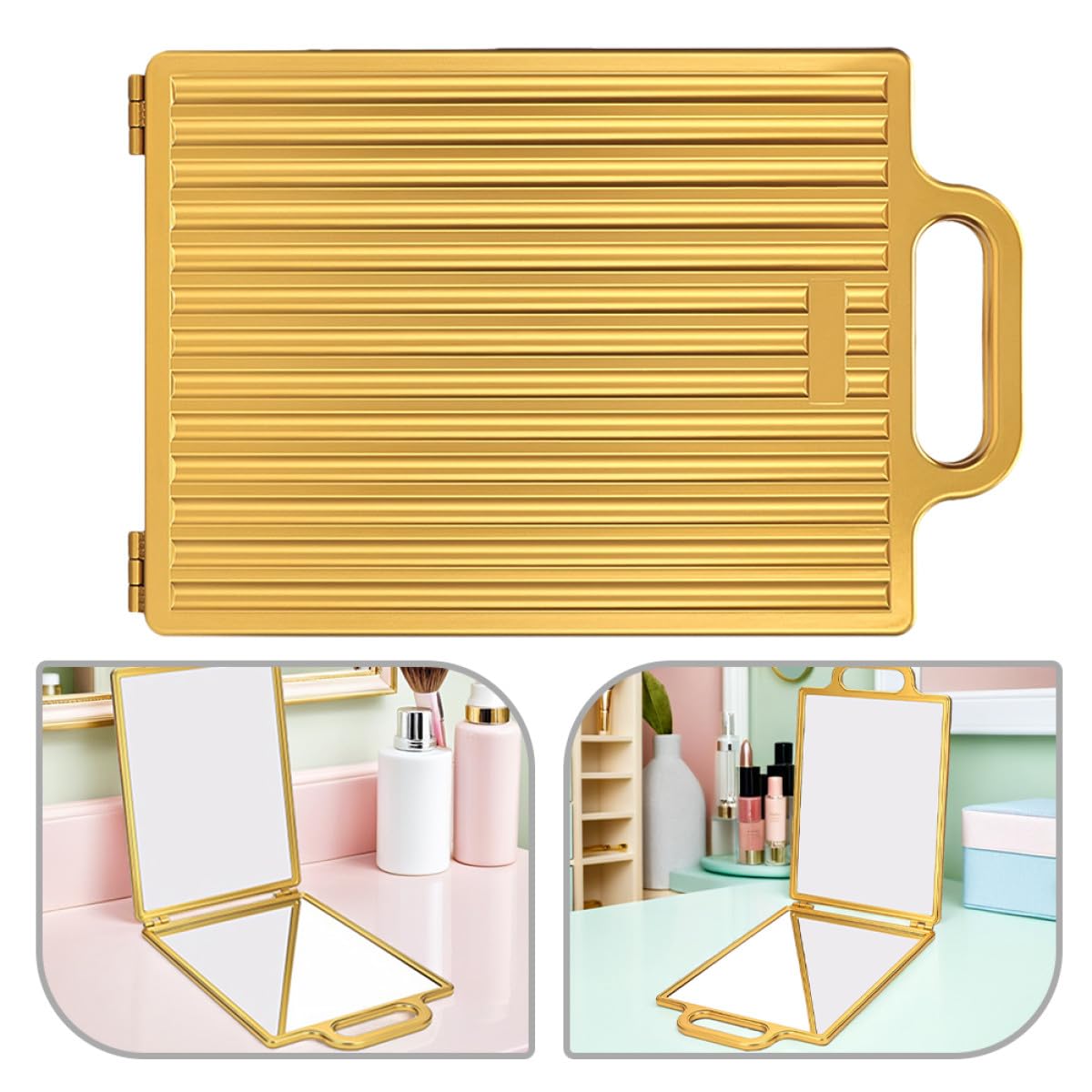 Specchio da Portatile Oro con Design Doppio Lato Pieghevole e Vetro, Specchio da Viaggio Compatto per Taglio Chioma e Styling Personale