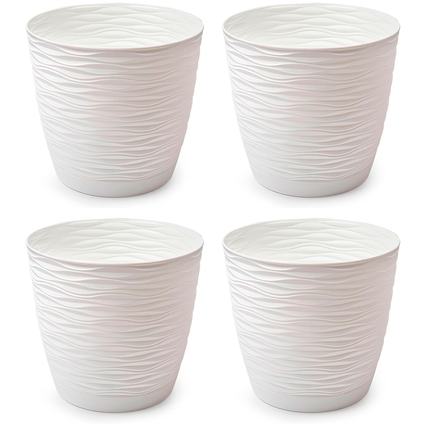 AC - Pack de 4 Macetas Redondas con Plato - Diseño Wind (Ø 19 cm) - Fabricado en plástico - Ideal para jardín Exterior, terraza o balcón - Color Blanco Roto