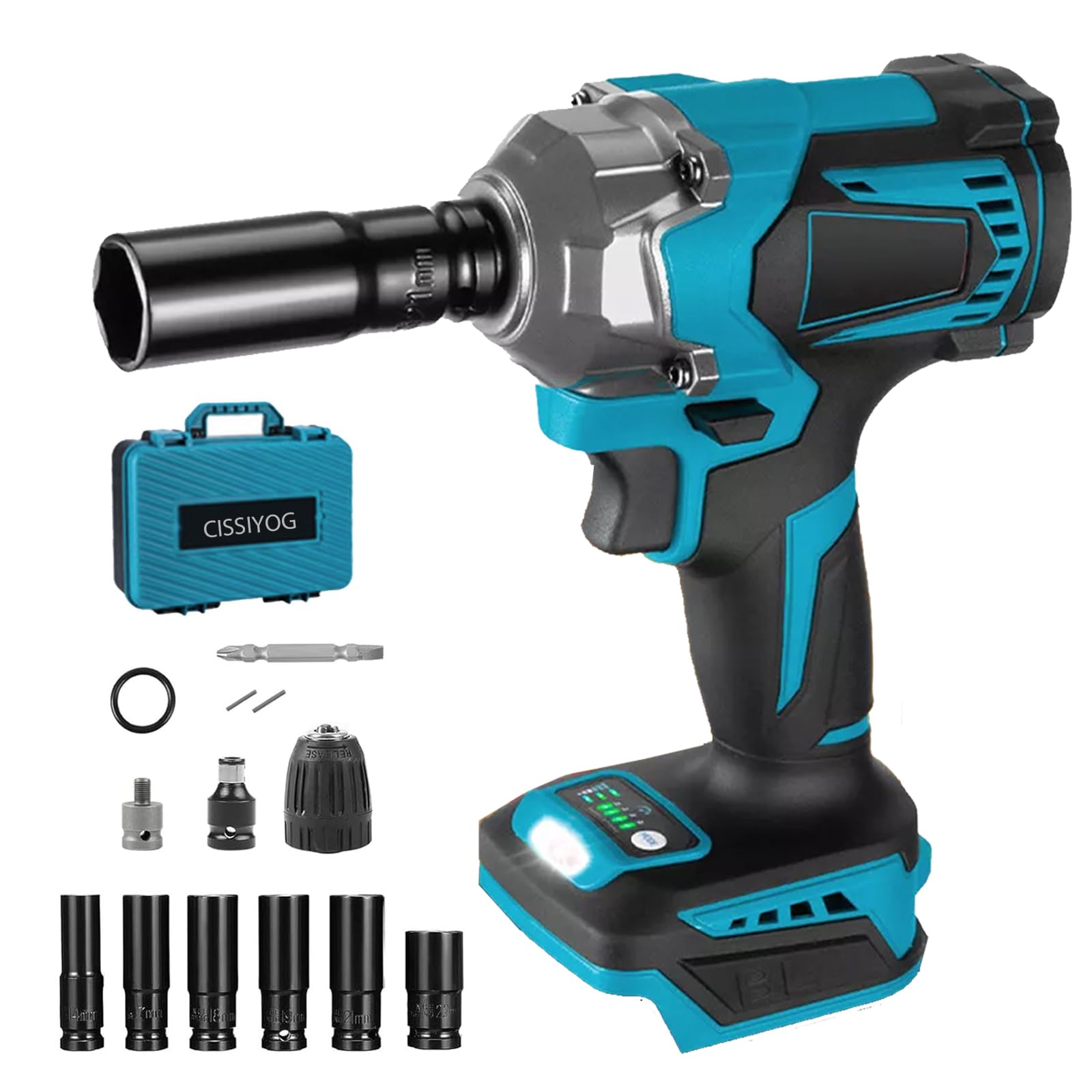Impact Wrench 1/2 Inch, 700Nm Impact Gun Compatible for Makita 18V Battery, Electric Brushless Wrench Driver with 6 Socket Set for Car Truck Tires Scaffolding (No Battery)