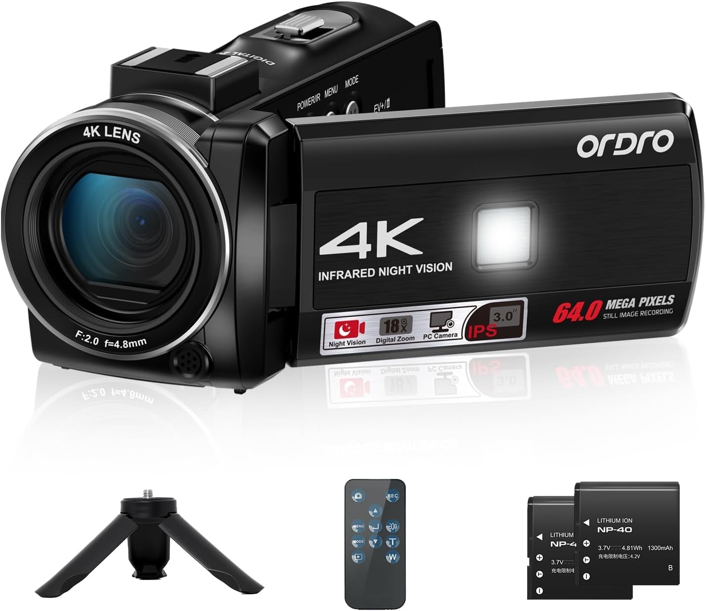 ORDRO Z36 Video Camera Camcorder 4K, 64MP Vlogging Camera for YouTube 18X Digital Zoom 3.0’’ Rotation Screen, IR Night Vision,Mini Tripod and 2 Batteries