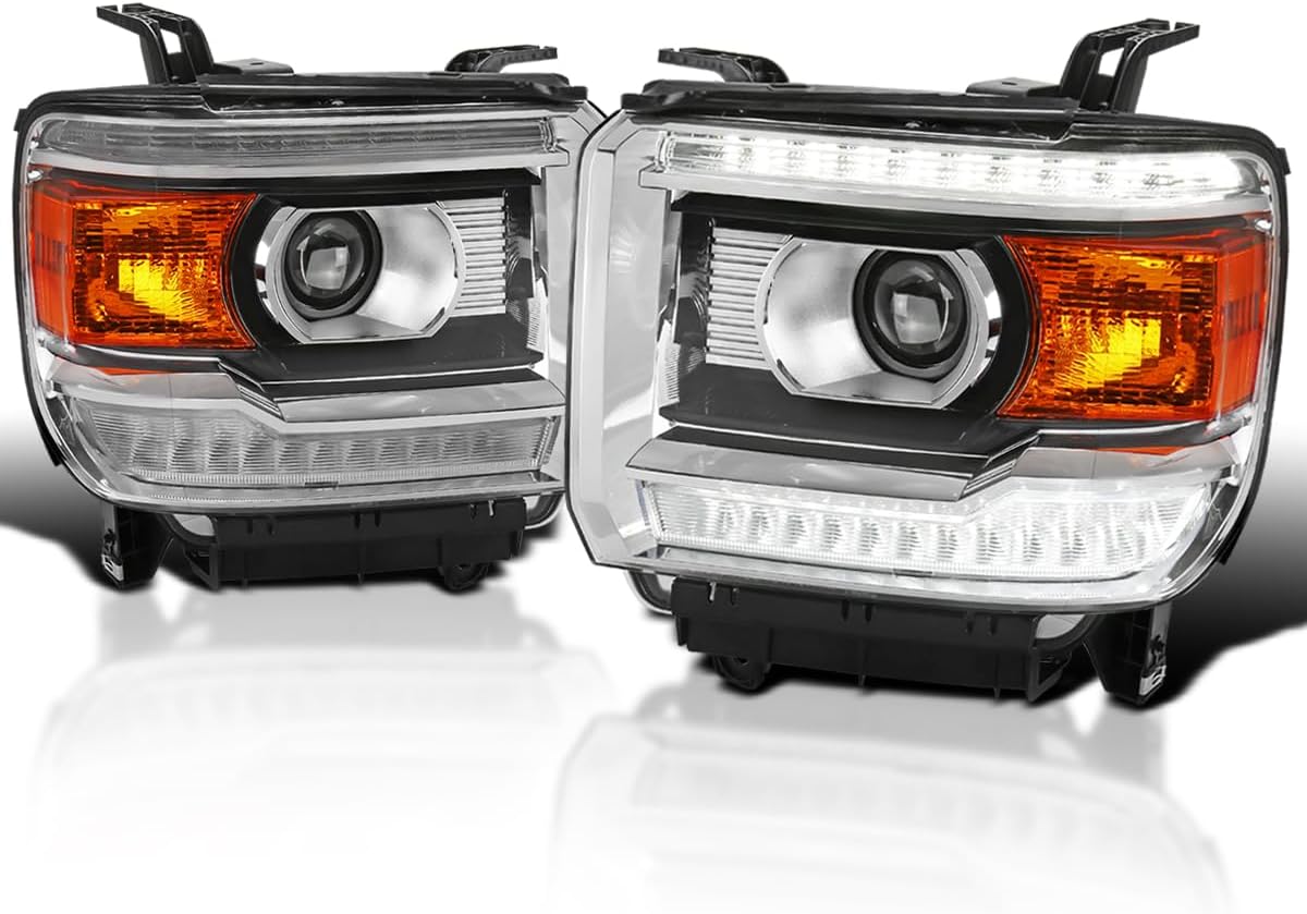 SPEC-D TUNING Chrome Projector Headlights w/LED DRL Strip for 2014-2018 GMC Sierra 1500/2500/3500 - Left+Right Pair