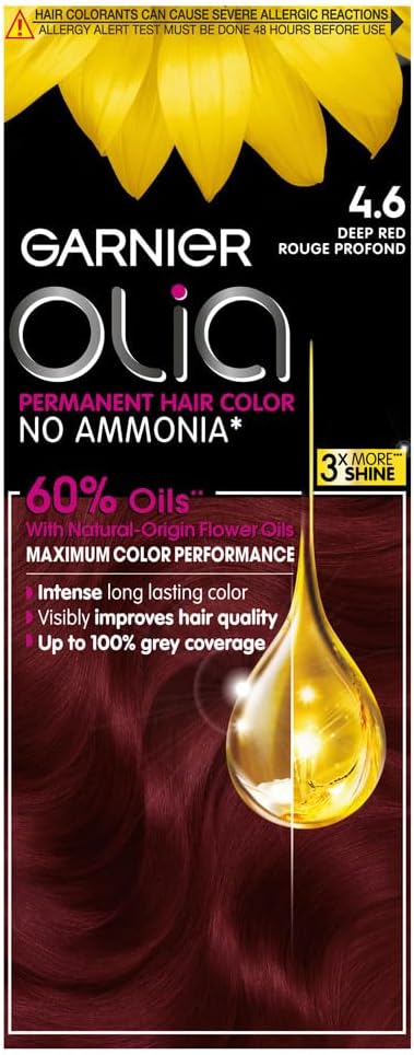 Permanent Hair Dye, Intense, Long-lasting Colour, Up to 100% Grey Hair Coverage, No Ammonia, 60% Oils, Olia, 4.6 Deep Red