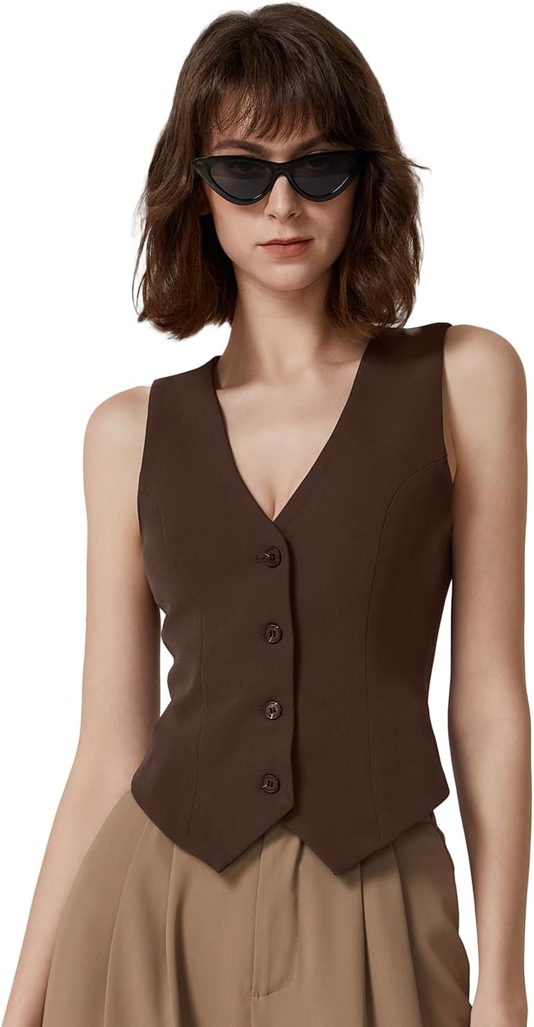 QINSEN Womens V Neck Vest Top Sleeveless Button Down Fully Lined Solid Going Out Crop Tops - Image 5