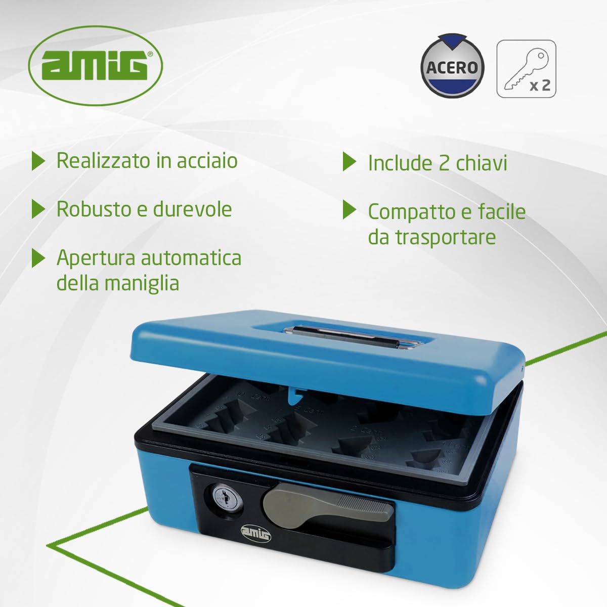 Cassaforte Blu Amig Per Denaro E Valori - Acciaio, 230x185x80 Mm, Con Vassoio E 2 Chiavi - Foto 7