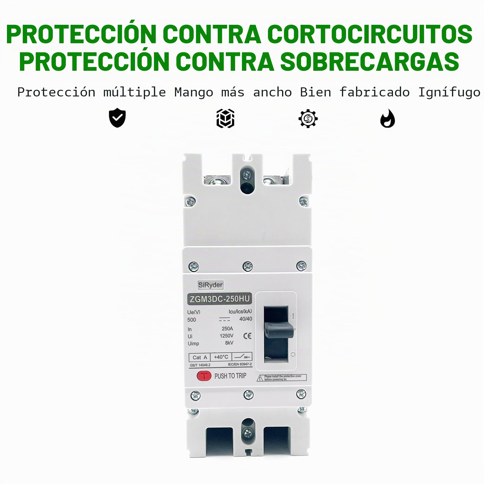 Disyuntor MCCB,2P Disyuntor de Caja Moldeada Interruptor Fotovoltaico 2P 500V 250A MCCB - Disyuntor de Circuito de CC Adecuado Para Sistemas Fotovoltaicos
