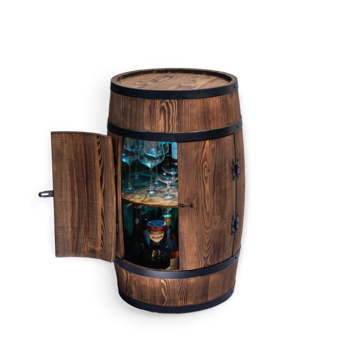 CREATIVE COOPER Fassbar Stehtisch mit Tür und LED RGB - Alkoholschrank Flaschenregal Holz - Holzfass - Fassmöbel - Wineregal - Whiskybar- Weinfass mit Tür - 80 cm (Sonnenverbranntes wenge)