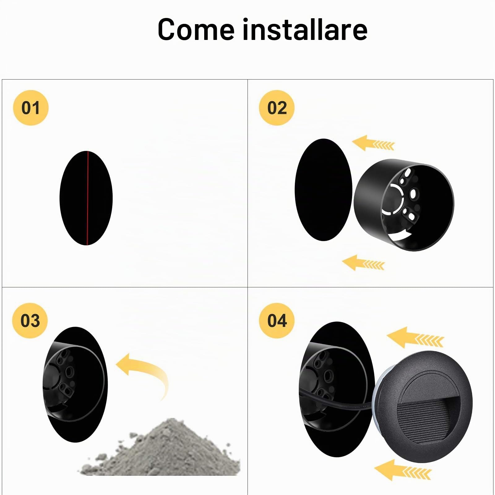 VivaLet Lampada LED Segnapasso da Incasso 6 Pezzi 5W 500LM, Luci Per Scale da Parete Per Esterni 230V 3000K, IP65 Scatola da Incasso 66mm, 85 X 85 mm, Applique per Esterno Alluminio Nero Circolare