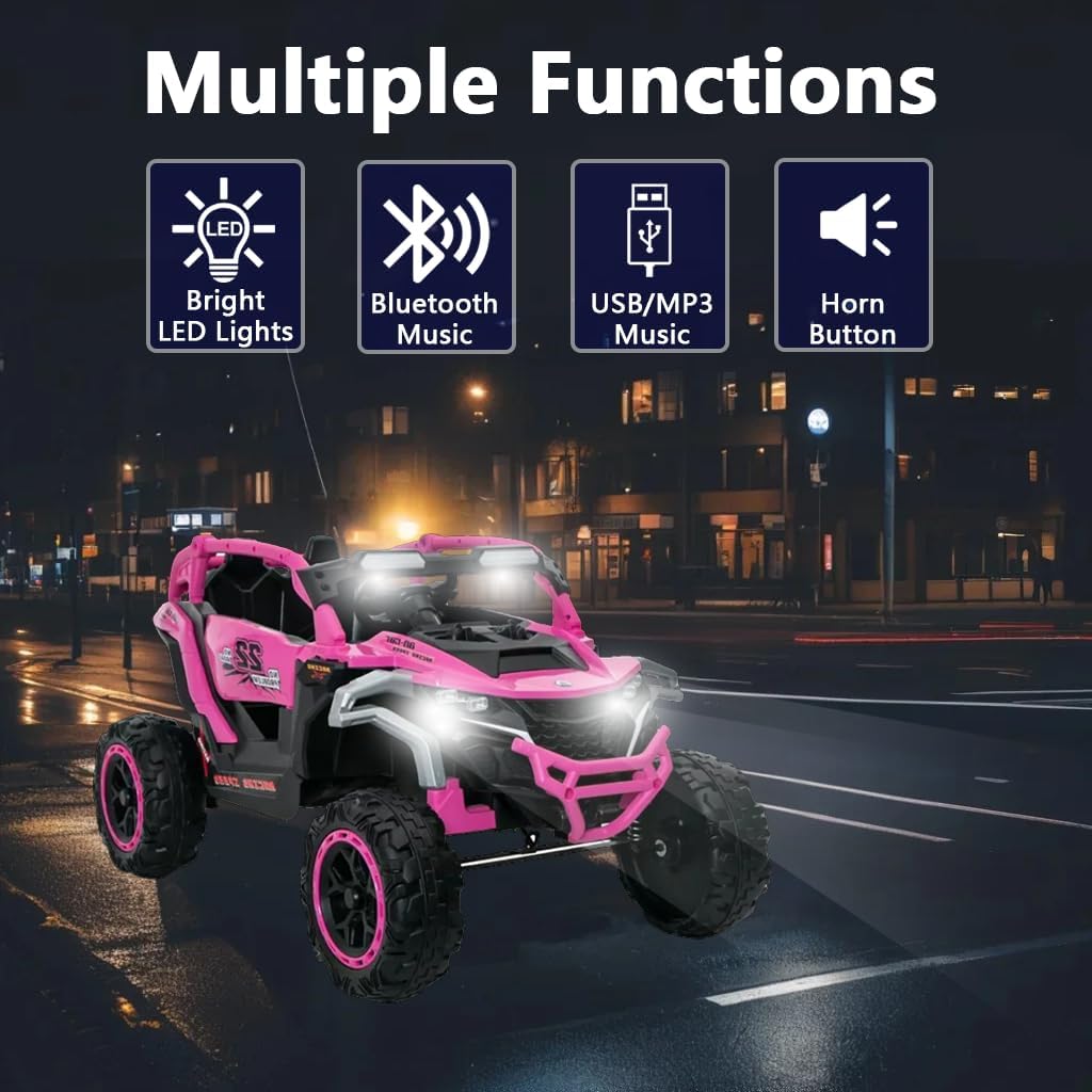 RYH 12V 2-Seater Kids UTV with Remote Control,Electric Ride On Car Truck,Power Wheels with Shock Suspension & LED Lights,Flashlights, Music Player，Outdoor Toys for Boys Girls Ages 3-6 (Magenta)