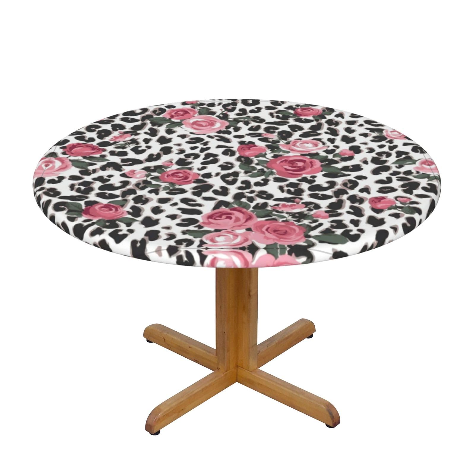 ZQYTGFDC Pink Cute Rose Mix Leopard Pattern M Decorative Round Tablecloth Waterproof Anti Stain Oil Proof Size for 40 50 inch