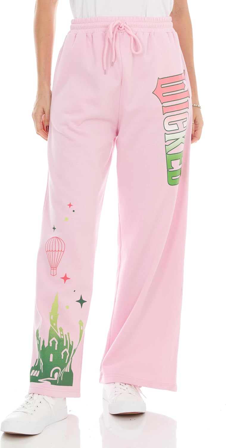 Wicked Womens Wicked Glinda & Elphaba Women’s, Ladies & Juniors Pink Wide-Leg Jogger Fleece Pant