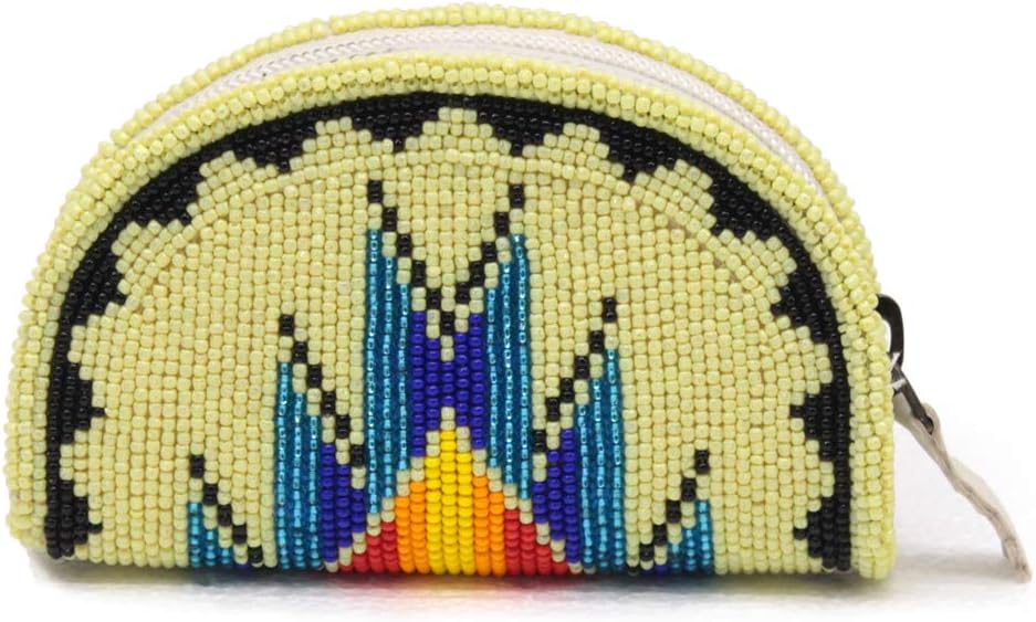 Coin Purse Cute Women Small Beaded Pastel Yellow - Handmade Mini Wallet Zipper Pouch Native American Style - Czech Seed Beads Leather Change Purse Vintage Boho Gift Wristlet Travel Compact