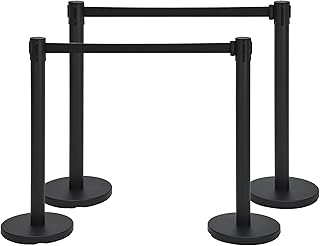 Set of 4 Stanchions with Retractable Belts, Black Crowd Control Barriers with Non Slip Heavy Base, Easy Connect Assembly Stanchion Posts for Event Entries, Airport Lines - 6.6 Ft Belts