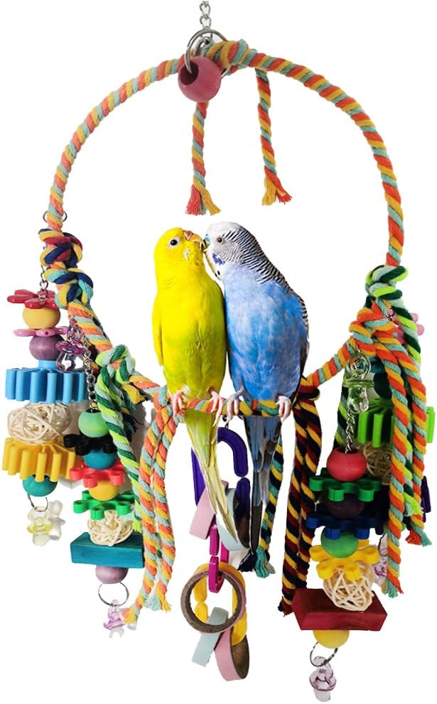SINFUN Bird Swing Toy Bird Perch with Colorful Chewing Toys Bird Perches with Cotton Rope for Small Medium Large Birds Lovebirds Parakeets Finches Budgerigars Conure Indoor Outdoor Playing
