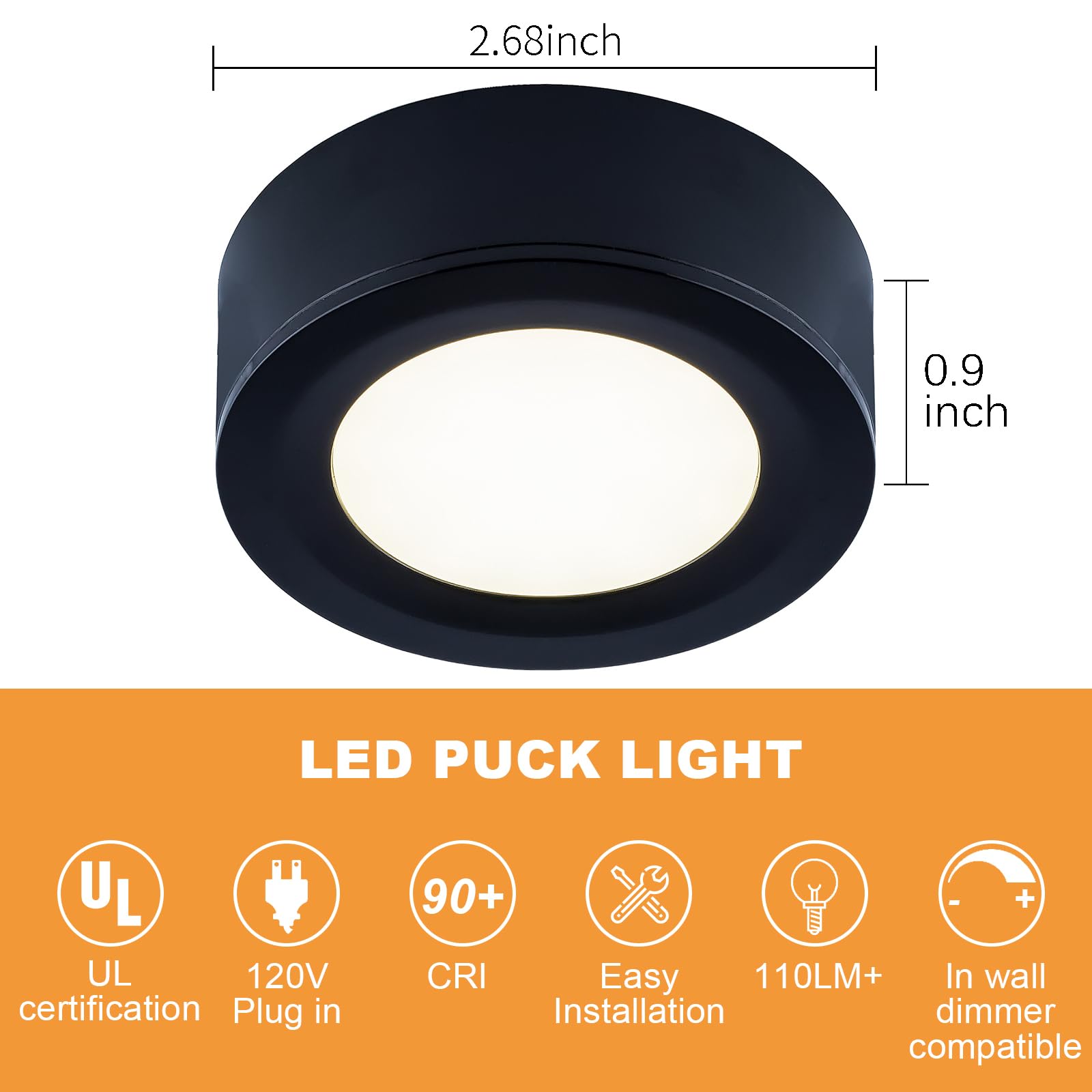 LUMILAND Luci LED con cavo (6,9 cm di larghezza x 12,7 cm) per armadio da cucina, 3000 K, colore: Nero