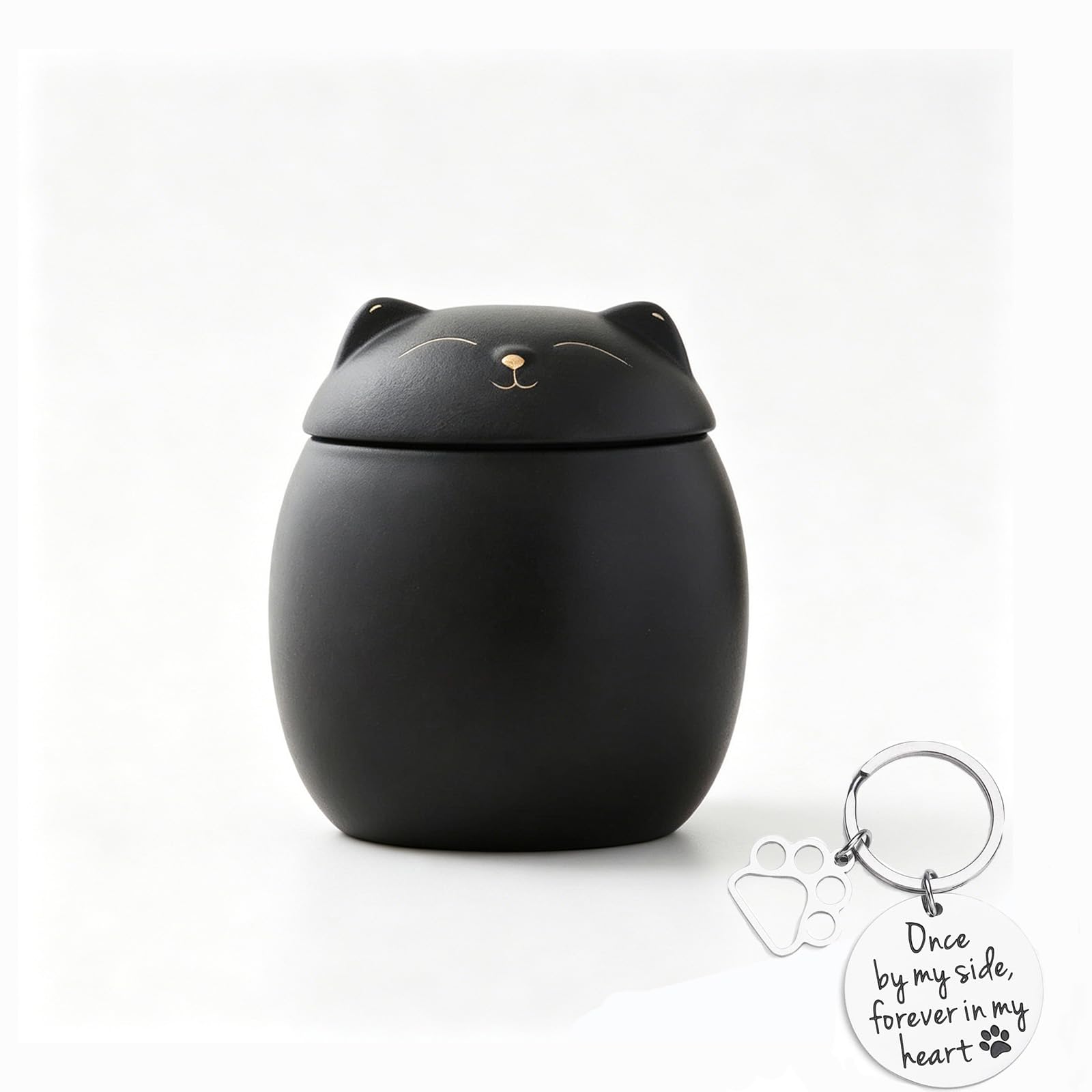 Small Ceramic Pet Urn- Handcrafted Dog Cat urn,Memorial Gifts Ashes Urn for Cat Small Animals Ashes Holder with Exquisite Keychain (Black, 160ml-Cat)