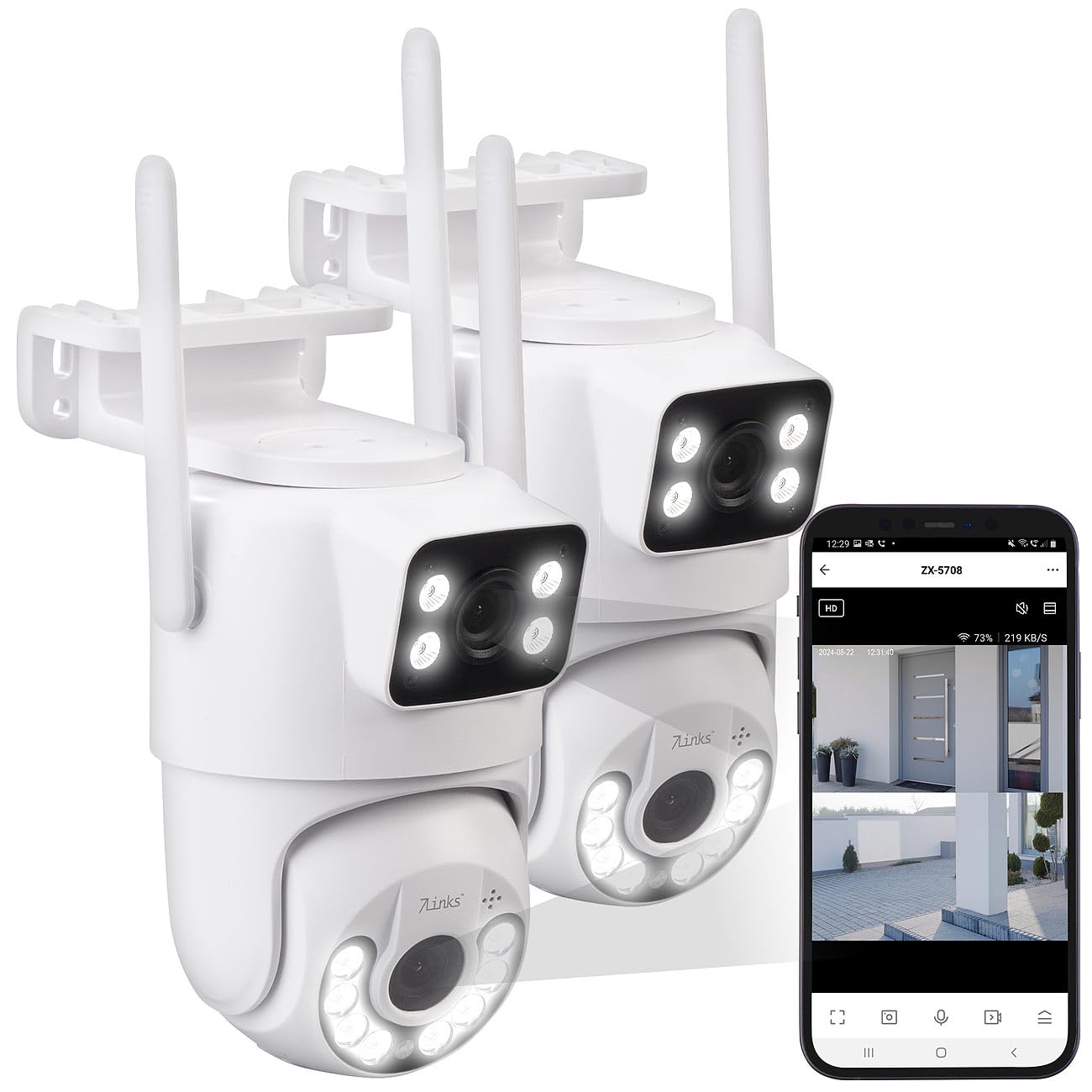 7links 2K-Überwachungskamera: 2er Dual-Objektiv-IP-Außen-Kamera, 2X 2K, 3MP, Pan-Tilt, 360°, WLAN (Dual-Objektiv-Überwachungskamera, Panorama-außen-Überwachungskamera, SD Karte)