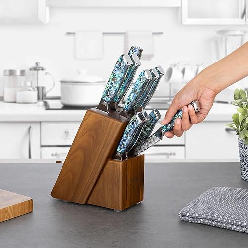 Miniatura 2 de SENKEN - Juego de cuchillos de Damasco de 11 piezas con mango de concha de abulón - Juego de cuchillos de chef japoneses de la colección "Umi" -