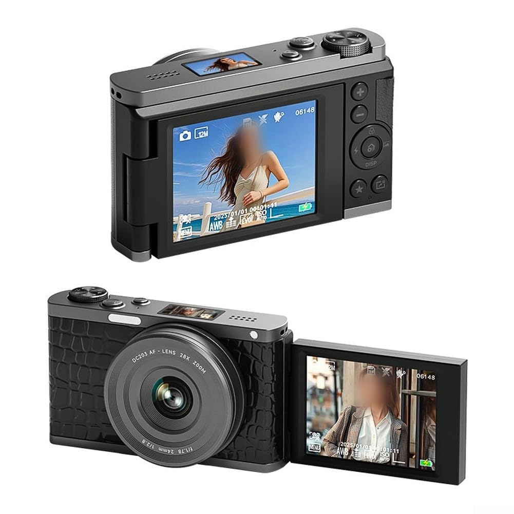 Fotocamera digitale 68MP 4K, zoom ottico 28X con schermo flip a 180°, fotocamera mirrorless per vlogging per fotografia e registrazione video principianti (texture coccodrillo)