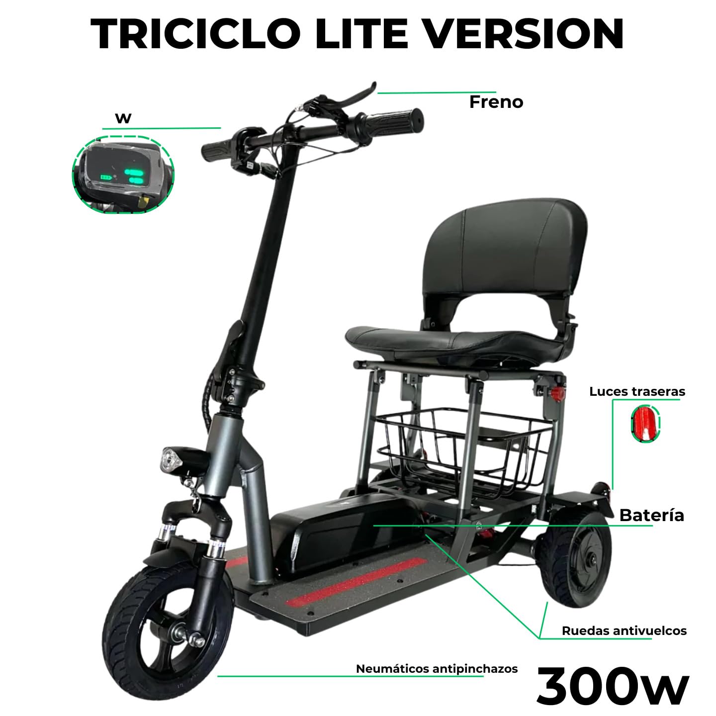 Silla de Ruedas Eléctrica - Scooter Eléctrico Adultos Plegable Auton 25Km Motor 300W - Movilidad Reducida - Minusválidos Ligero - Triciclo Eléctrico Plegable Asiento Ergonómico | CAREWAY
