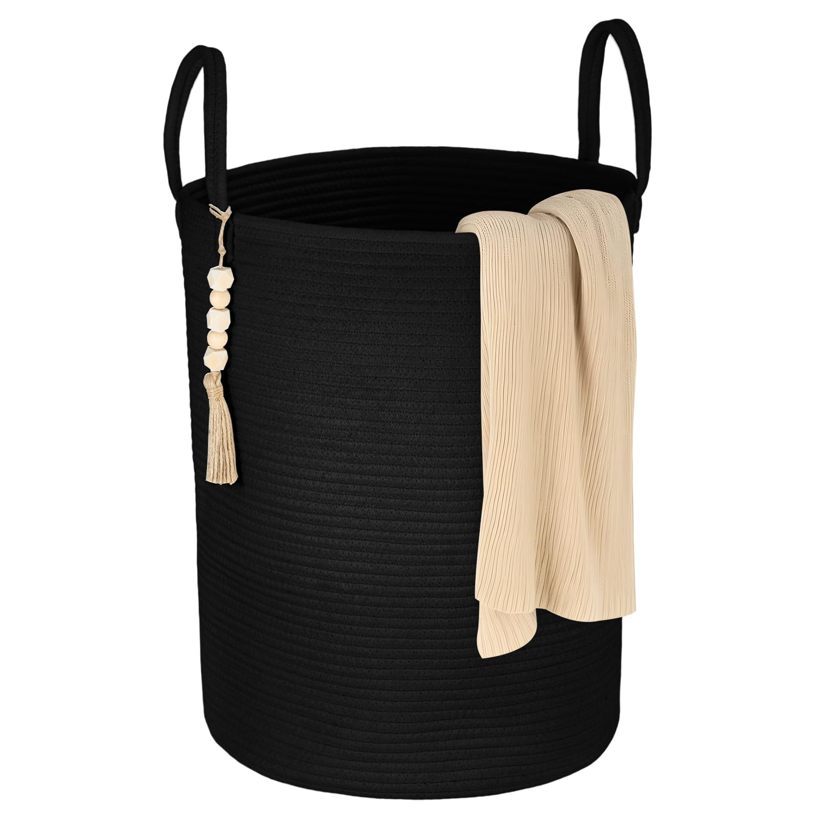 Large Cotton Rope Basket 60x51cm – Woven Laundry Hamper with Handles, Blanket Storage Basket for Toys, Towels, Baby Nursery, Bedroom or Living Room – Foldable & Soft Organiser (Black)