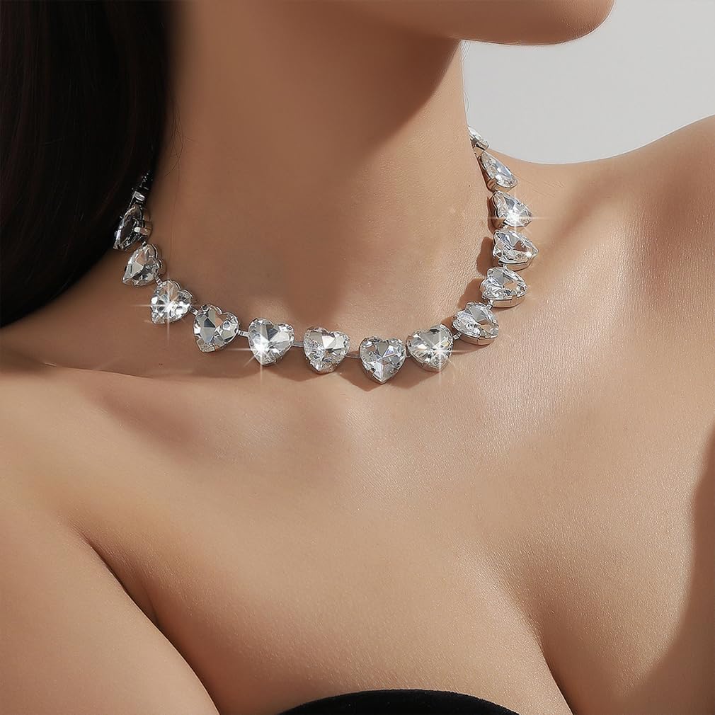Sparkly Rhinestone Heart Beaded Choker Necklace for Women Bling Crystal Silver Love Shaped Statement Necklaces Wedding Prom Formal Jewelry Gifts - Image 3