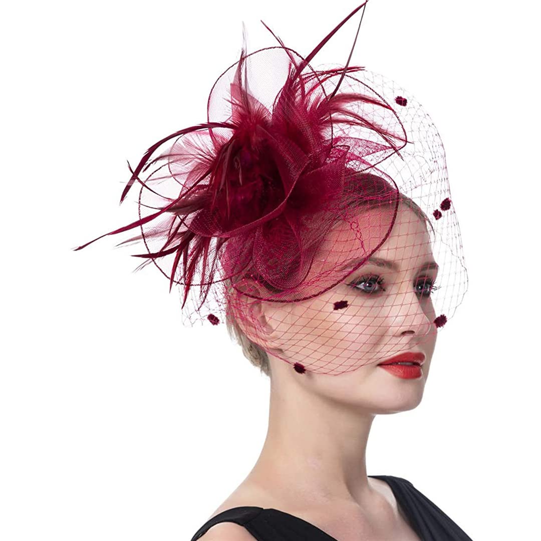 YTBHSHXZ， Cappello da donna for cocktail party, matrimonio, chiesa, abito, cappello con piume e fiori, copricapo in rete