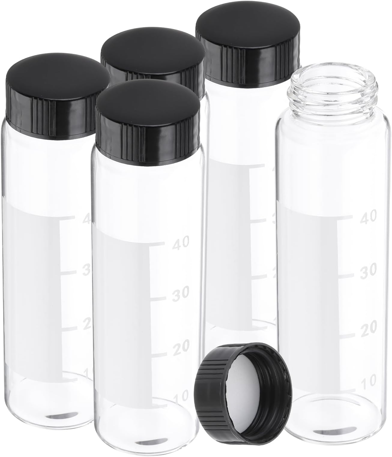 PATIKIL Small Glass Sample Bottles with Lids, 5 Pcs 50ml Clear Glass Vials with Black Screw Caps Mini Leak Proof Reagent Sealed Bottles with Scale Writing Label for Solid Liquid Powder