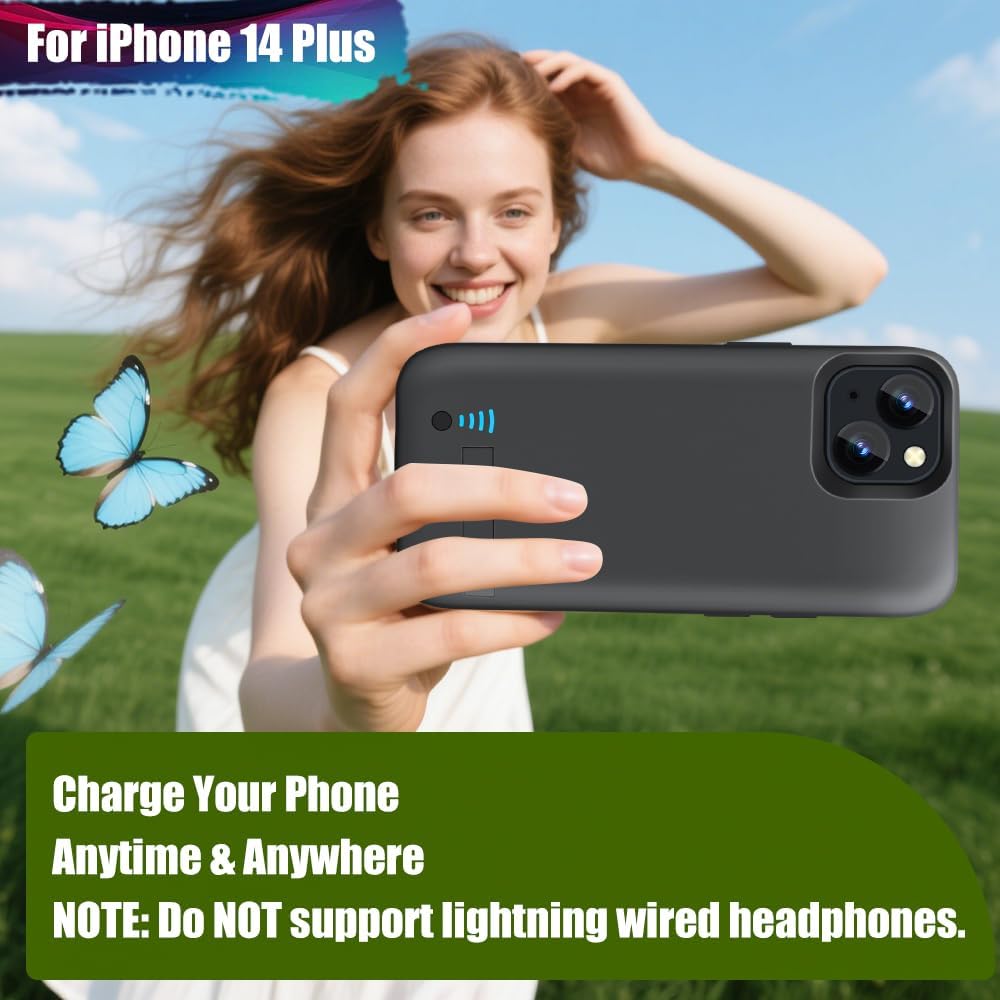 Battery Case for iPhone 14 Plus, 6000mAh Rechargeable Extended Battery Charging Charger Case, Add 100% Extra Juice (6.7 Inches) Black