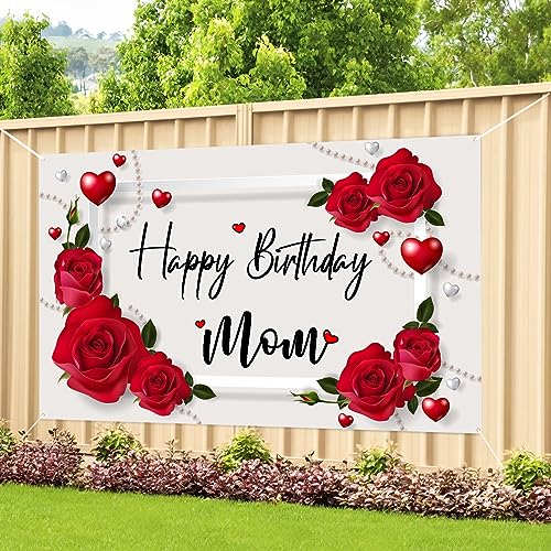 Labakita Happy Birthday Mom Backdrop, Mom's Birthday Decorations, Mother Birthday Sign, Happy Birthday Decorations Backdrop for Women Roses Background