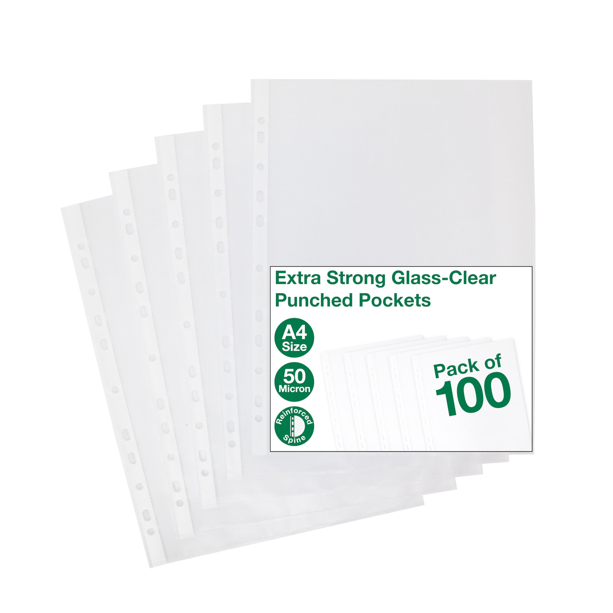 SUMMIT Punched Pockets A4, Heavy Duty 50 Micron, Glass Clear, 100 Poly Pockets