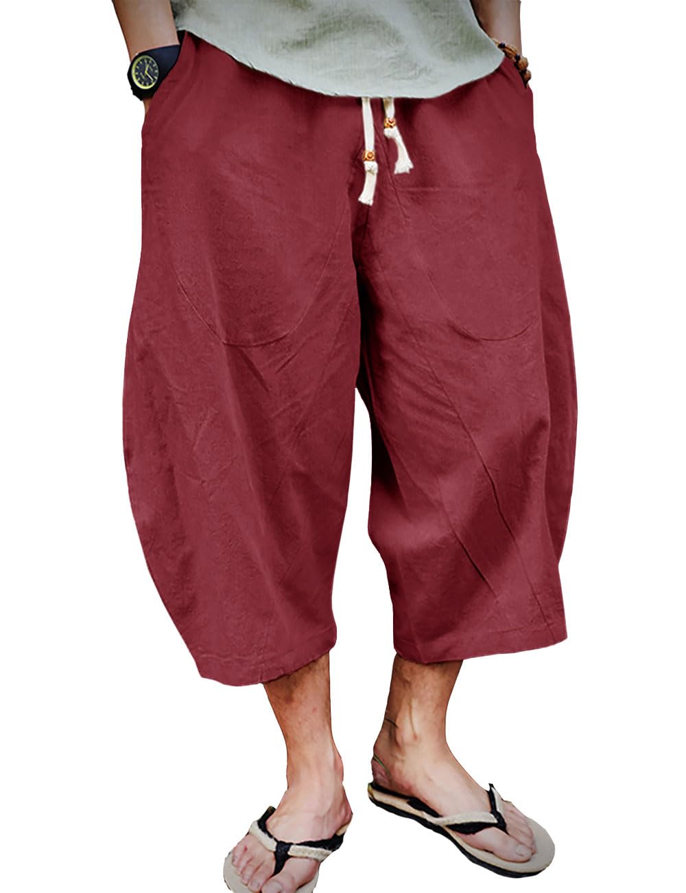 EKLENTSON Mens Cotton Linen Capri Pants Light Loose 3/4 Long Shorts Elastic Waist Drawstring Harem Casual Beach Yoga Trousers