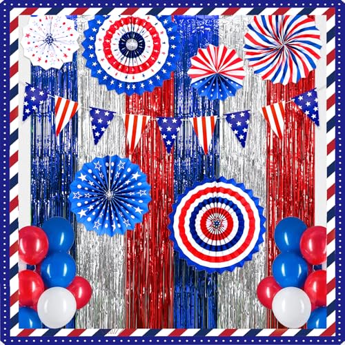 Image of 4th of July Patriotic Decorations, Red White and Blue Decorationl Include 3 Pack Foil Fringe Curtains, Paper Fans, Pennant Bunting for Patriotic Party, Memorial Day, Independence Day, Labor Day