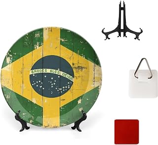 Brazil Flag Art Bone China Decorative Plate Ceramic Decorative Plate for Home Office Wall Decor, with Vertical Stand Decorative Plates for Home Club