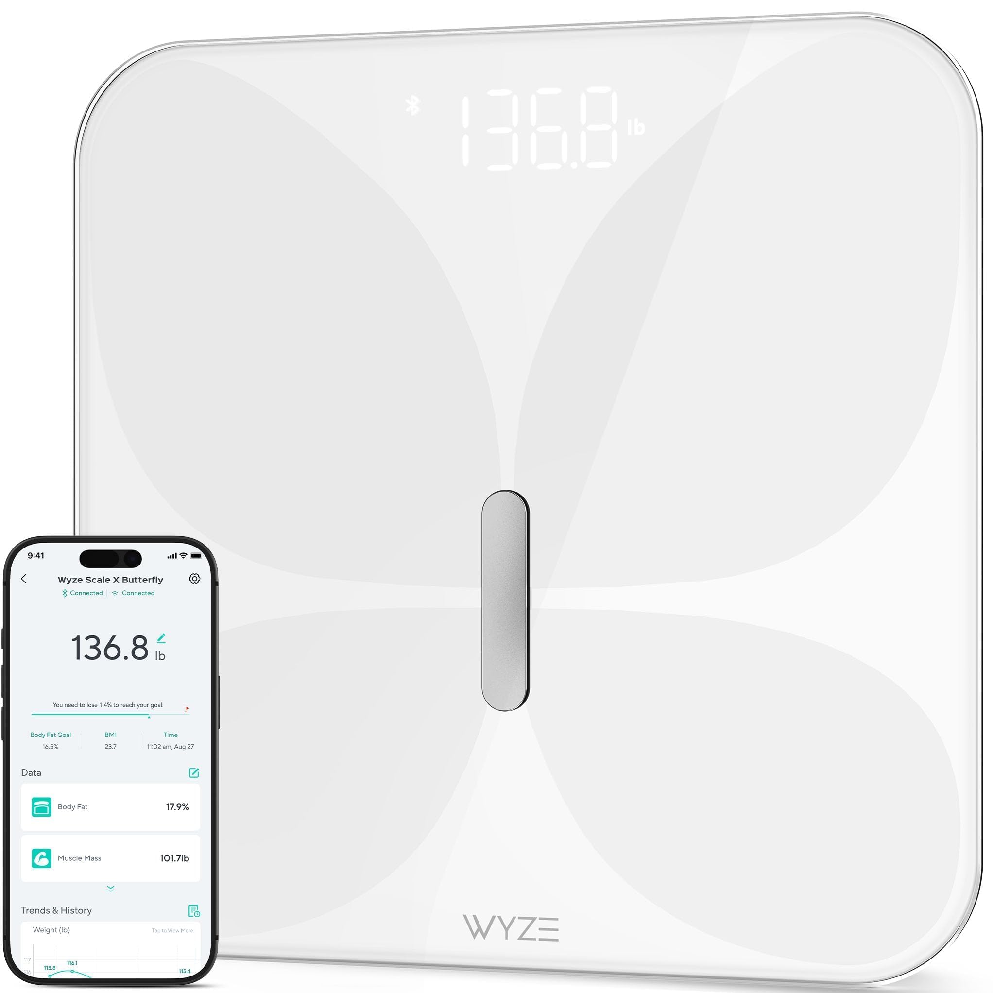Wyze Smart Scale X Butterfly - Báscula de baño para peso corporal, IMC, grasa corporal, masa muscular, báscula digital Bluetooth precisa para analizador de composición corporal, sincronización de | Butterfly Premium Glass; Bmi Body Fat Muscle; Bluetooth A