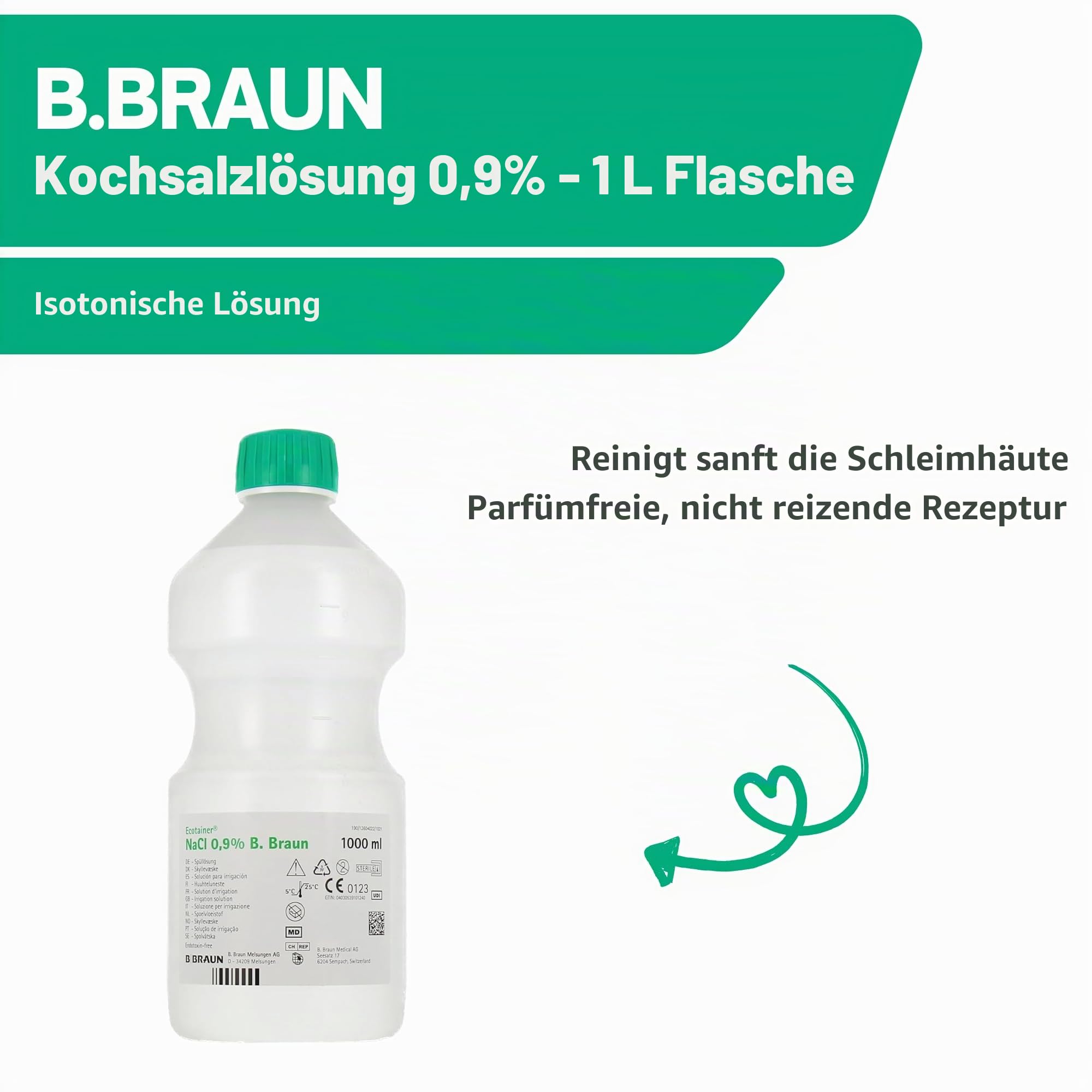B BRAUN - 6 x 1 Liter - NaCl 0.9 Sterile Isotonische Kochsalzlösung für Baby und Erwachsene - Physiologisches Serum - Natriumchlorid - Wundreinigung - Nasenspülung - Nasendusche