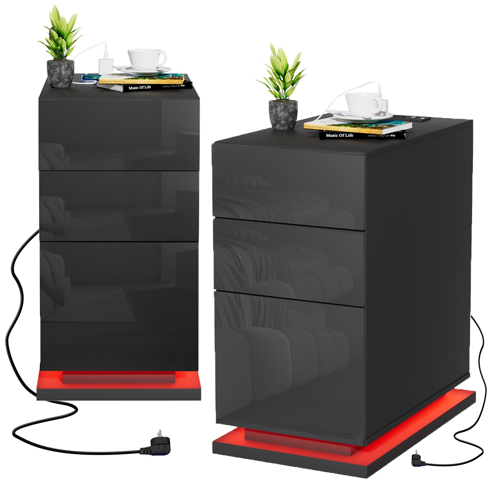 HaodaCulture Mesitas de Noche Pack 2, Mesita Noche led con Estación de Carga, 2 Puertos y 2 Tomas USB, 3 cajón y 16 Colores LED Adecuada para Dormitorio, salón Negras 50x30x63cm