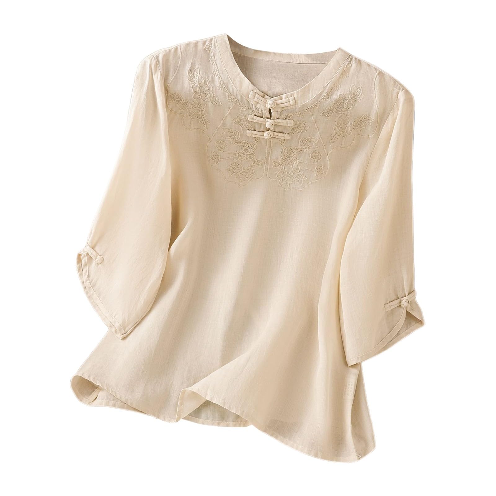 Elegant Women's T Shirts with Vintage Embroidery Classic Round Neck Casual Comfortable Tee for Everyday Wear (Beige, M)
