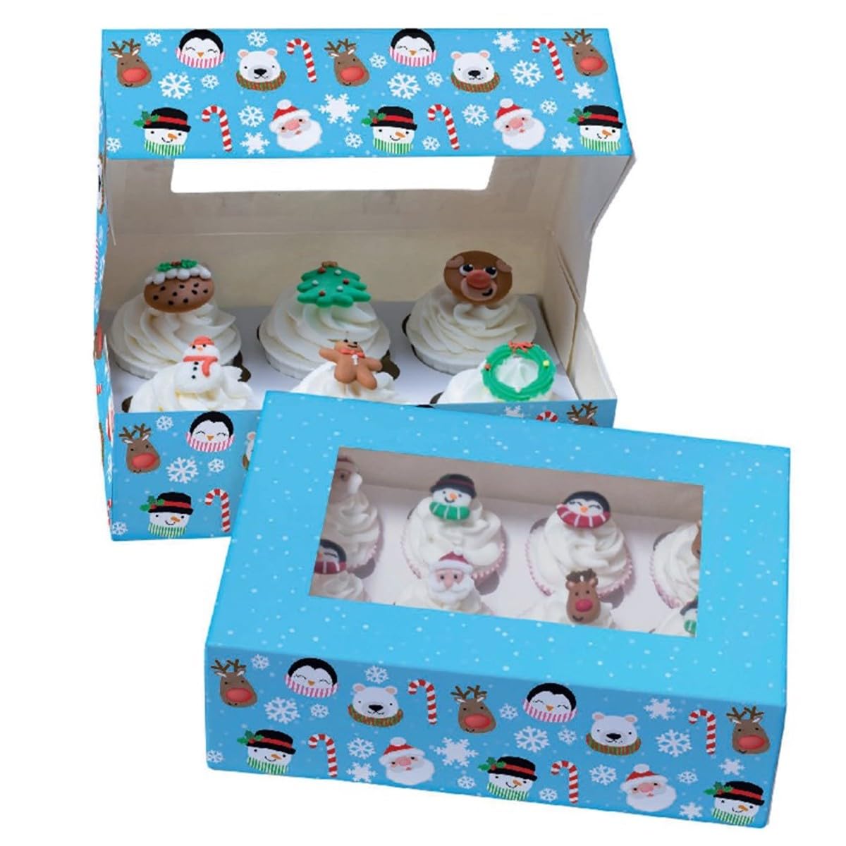Baked with Love Christmas Friends Cupcake Boxes, Twin Pack, To Carry Tasty Festive Treats, Dual Insert for 6 Standard or 12 Mini Cupcakes or Muffins, Snowman, Santa, Rudolph, And Penguin, Pack of 2